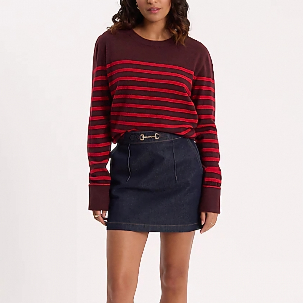 NWT Express Oversized Striped Crew Neck Sweater, Color: Wine, Size: XS